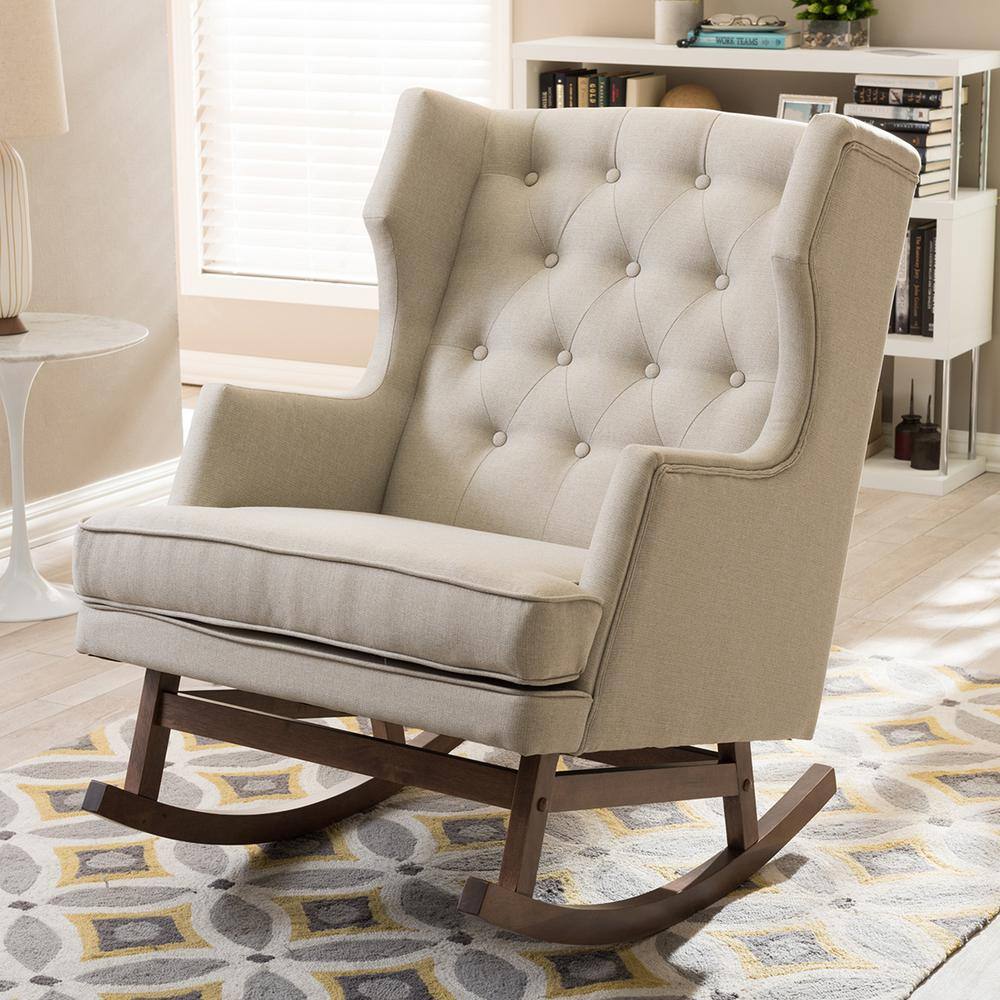 Light Beige Walnut Wingback Rocking Chair