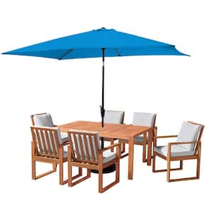 8 Piece Set, Weston Wood Outdoor Dining Table Set with 6 Cushioned Chairs, 10-Foot Rectangular Umbrella Bright Blue