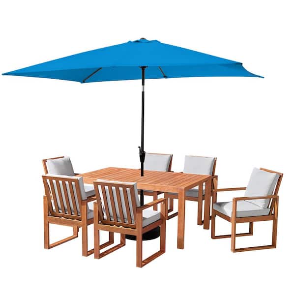 Alaterre Furniture 8 Piece Set, Weston Wood Outdoor Dining Table Set with 6 Cushioned Chairs, 10-Foot Rectangular Umbrella Bright Blue