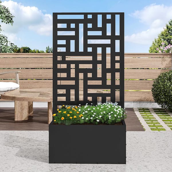 47 in. H x 24 in. W Rectanglar Black Outdoor Metal Privacy Screen Planter Box Wall Decor