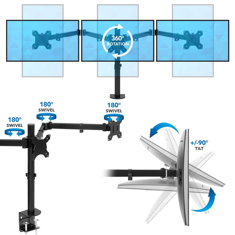 Black Heavy Duty Steel Full Motion Triple Monitor Desk Mount