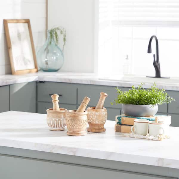 Litton Lane Brown Wood Country Cottage Mortar and Pestel (Set of 3)