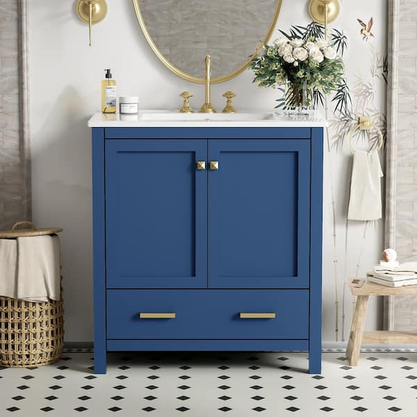 30 in. W x 18.3 in. D x 34 in. H Single Sink Freestanding Bath Vanity in Bule with White Ceramic Top