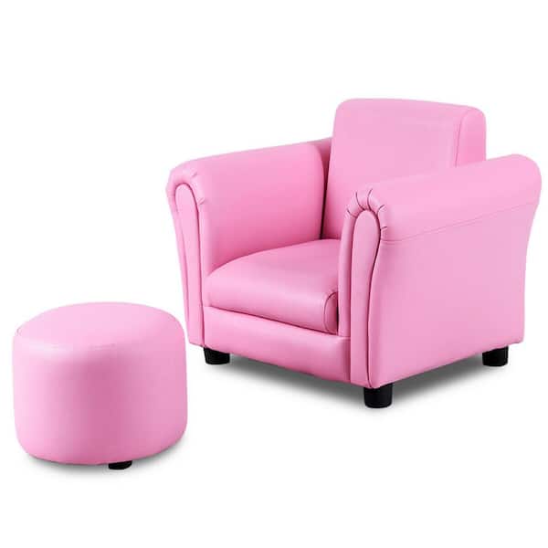 Costway Pink Faux Leather Upholstery Kids Arm Chair Kids Sofa with Ottoman
