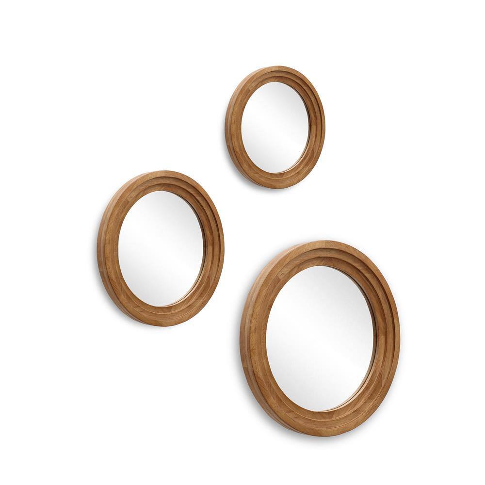 Brown Round Rubberwood 3-Piece Bathroom Vanity Mirror Set