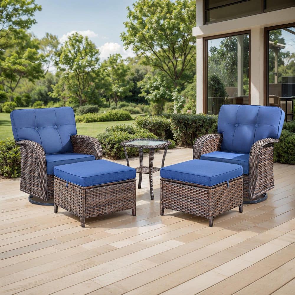 TWrap Brown 5-Piece Wicker Swivel Rocker Patio Conversation Set with 5 in. Thick Navy Blue Cushions for Balcony price history on PriceWatchPro