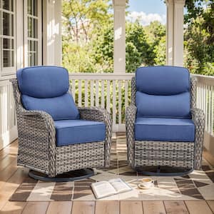 MoonLuxe Dark Gray Swivel Glider Wicker Outdoor Rocking Chair with Navy Blue Olefin 6 in. Thick Cushions (2-Pack)