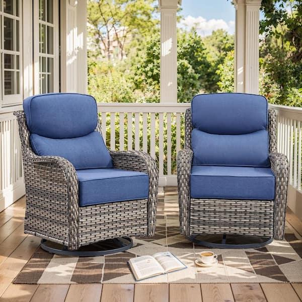Luxurious Gray Swivel Glider Wicker Outdoor Rocking Chair with Blue Olefin 6 In. Thick Cushions (2-Pack)