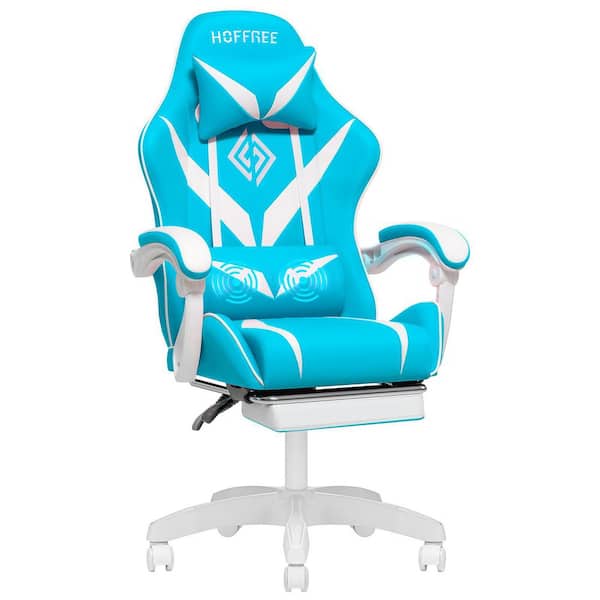 Hoffree Faux Leather Massage Reclining Ergonomic Gaming Chair in Sky Blue with Footrest