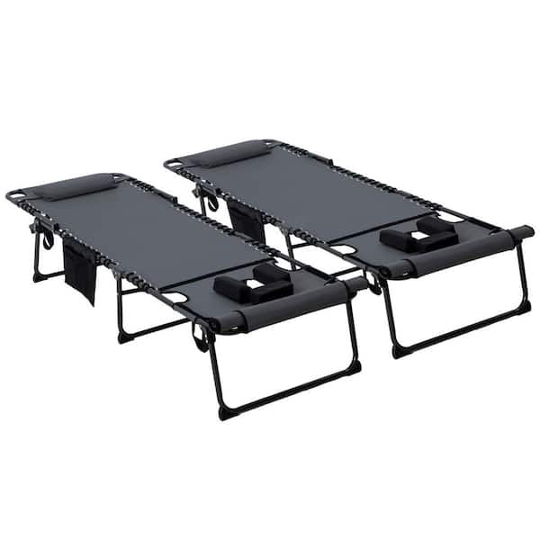 Unbranded 74.5 in. Gray Metal Outdoor Chaise Lounge with Folding, Side Pocket, Pillows 2-Pack