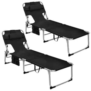 Set of 2 Black Folding Metal Outdoor Lounge Chair w/Facing Hole Grey