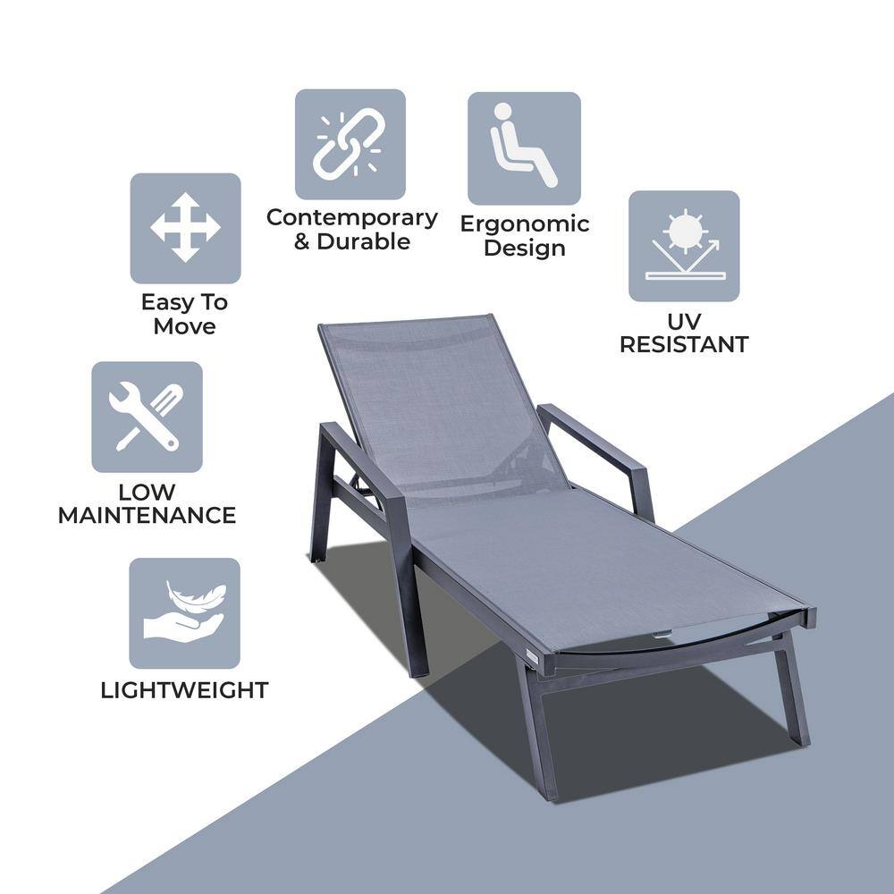 Dark Gray Aluminum Patio Chaise Lounge Chair with Arms and Cushions