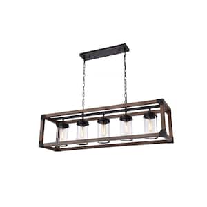 Yaneth 5Light Antique Black Metal and Natural Wood Chandelier with Glass Shades