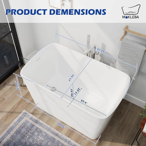 47 in.L x 27.55 in.W Japanese Soaking Acrylic Freestanding Flatbottom Bathtub Right Drain with cUPC Certified in White