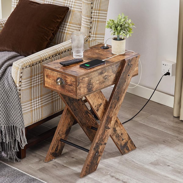VECELO 11.8 in. Rectangle Sofa Side Table with Drawer Accent Brown X-Shaped Design Nightstand for Living/Bedroom End Table