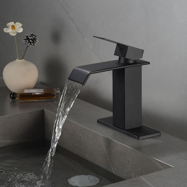 Waterfall Single Hole Single-Handle Bathroom Faucet with Pop-Up Drain in Matte Black (2-Pack)