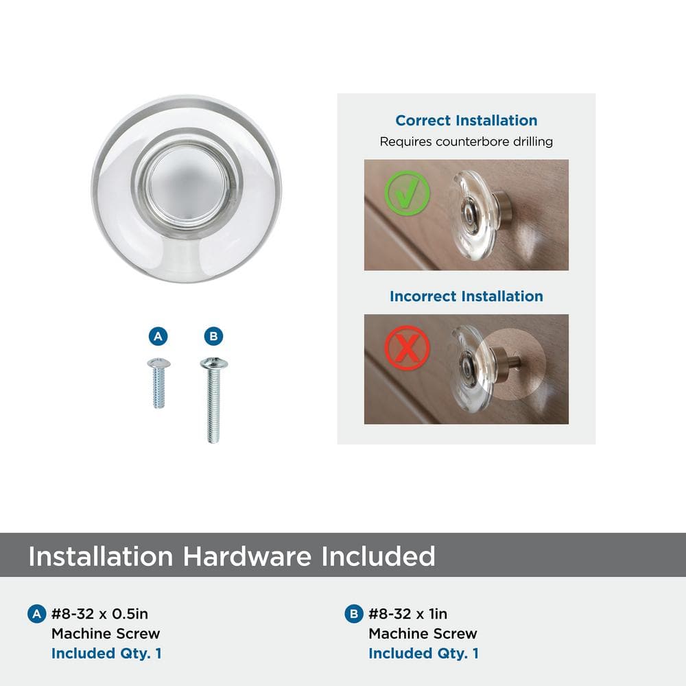 Clear and Brushed Nickel Round Cabinet Knob with Mounting Hardware
