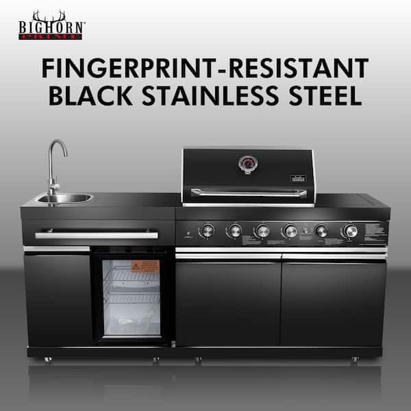 4 plus 2 Burner Outdoor Propane Grill Island with Refrigerator and Sink in Fingerprint-Resistant in Black