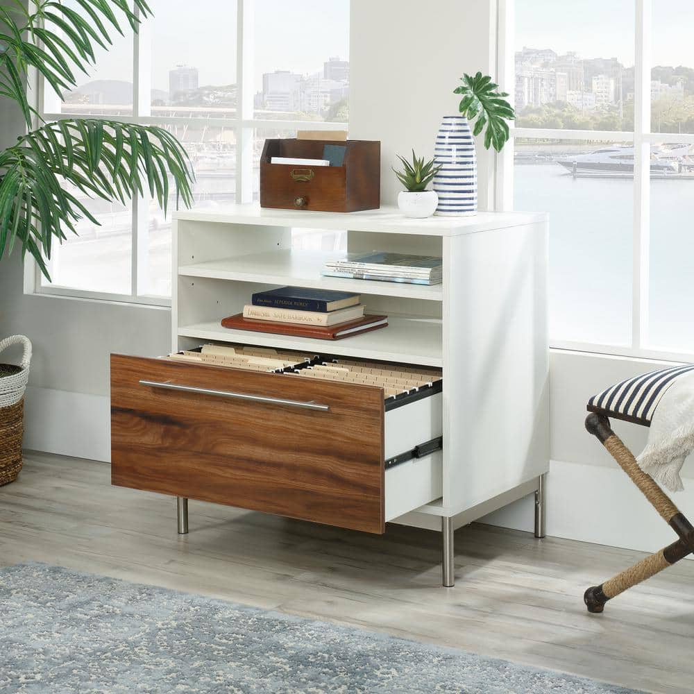 Pearl Oak Mobile Lockable Lateral File Cabinet with Metal Details
