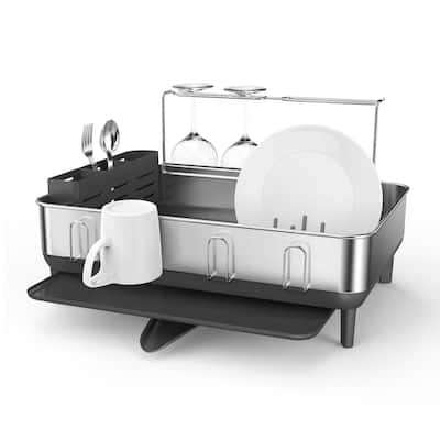 Steel Frame Dish Rack with Wine Glass Holder in Fingerprint-Proof Stainless Steel and Grey Plastic