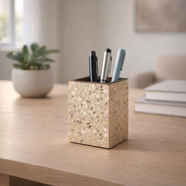 Beige/Gold 3 in. x 4 in. Resin Wood Decorative Crackle Desk Pencil Cup