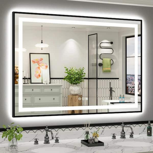 55 in. W x 40 in. H Rectangular Framed Front and Back LED Lighted Anti-Fog Wall Bathroom Vanity Mirror in Tempered Glass