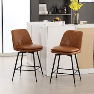 29 in. Brown Metal Frame Bar Height Swivel Bar Stool with Faux Leather Seat (Set of 2)