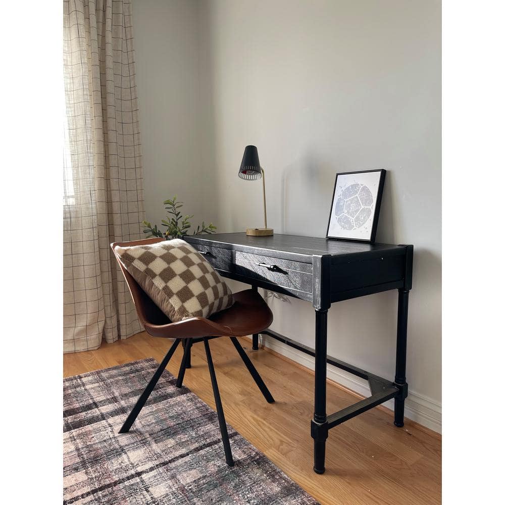 Elegant Carved Black Wood Writing Desk with Dual Storage Drawers