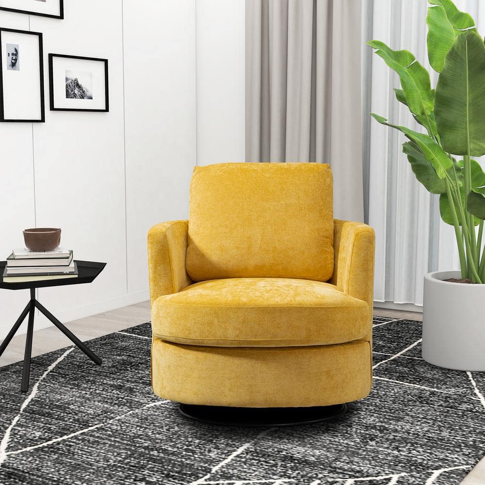 Mustard Swivel Steel Outdoor Lounge Chair with Beige Cushions, Round Accent