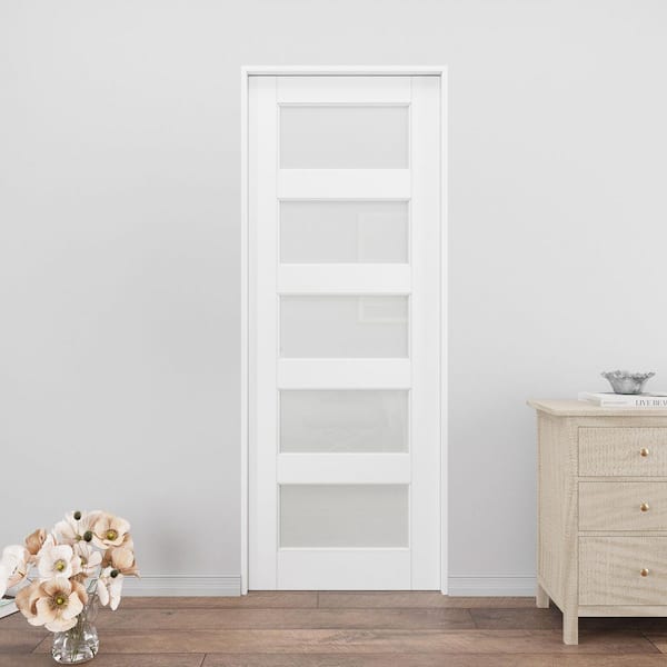 32 in. x 80 in. 5-Lite Frosted Glass Primed White Wood Sliding Pocket Door with Pocket Door Frame, Jamb and Hardware Kit