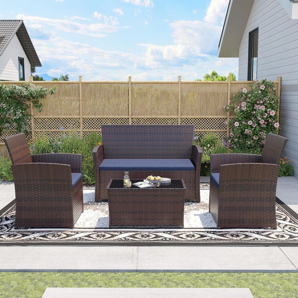 MIRAFIT 4-Piece Brown Wicker Bistro Patio Conversation Set with Table ...