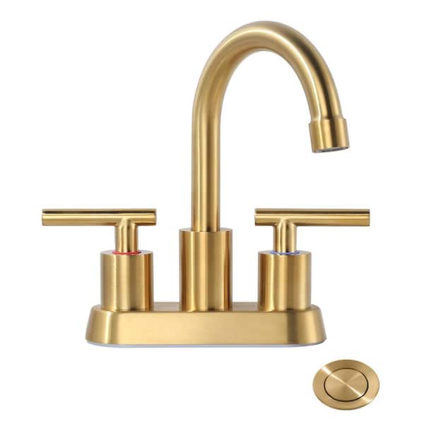 4 in. Centerset Double Handle High Arc Bathroom Faucet with Drain Kit Included in Gold