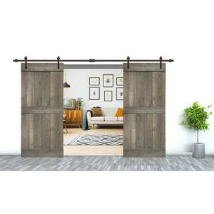48 in. x 84 in. Mid-Bar Pre-Assembled Weather Gray Stained Wood Interior Double Sliding Barn Door with Hardware Kit