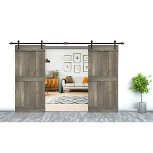 72 in. x 84 in. Mid-Bar Series Weather Gray Stained Solid Pine Wood Interior Double Sliding Barn Door with Hardware Kit