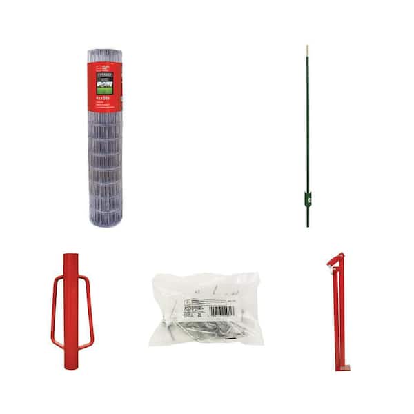 4 ft. x 50 ft. 14-Gauge Welded Wire, 6 ft. Green Steel T-Post, Post Driver, Clips (25) and Fence Puller