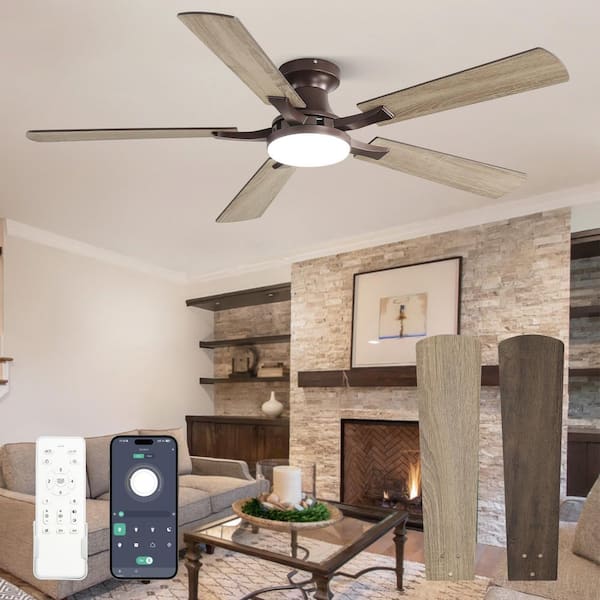 52 in. indoor Dimmable Brown 6-Speed Flush Mount Ceiling Fan with Adjustable LED and Remote Control