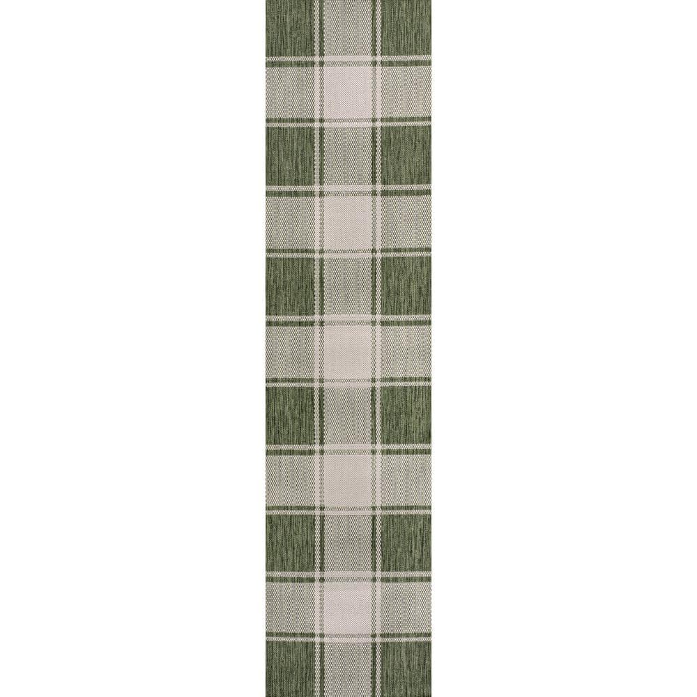 Sabine Green and Cream Synthetic Checkerboard Runner Rug, 2 x 8 ft