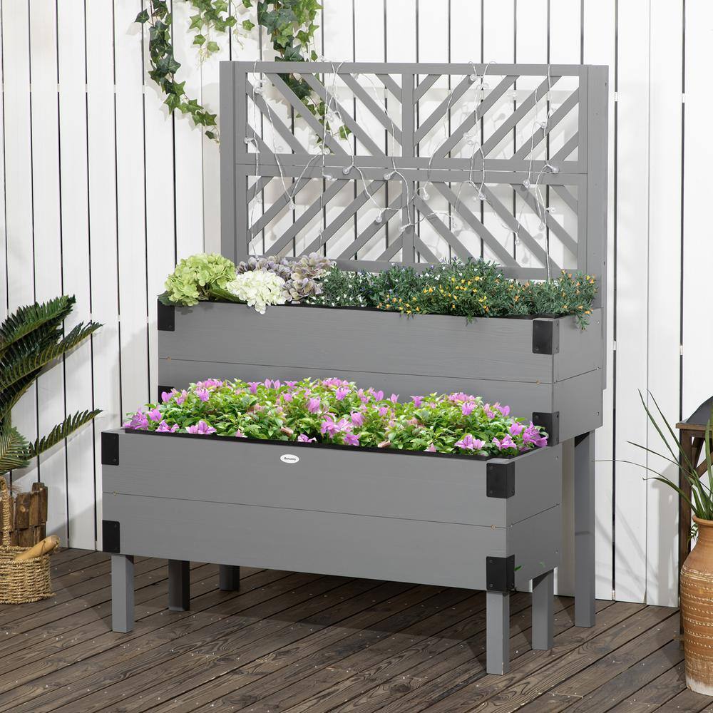 Gray 2-Tier Wooden Raised Garden Bed with Trellis and Metal Corners