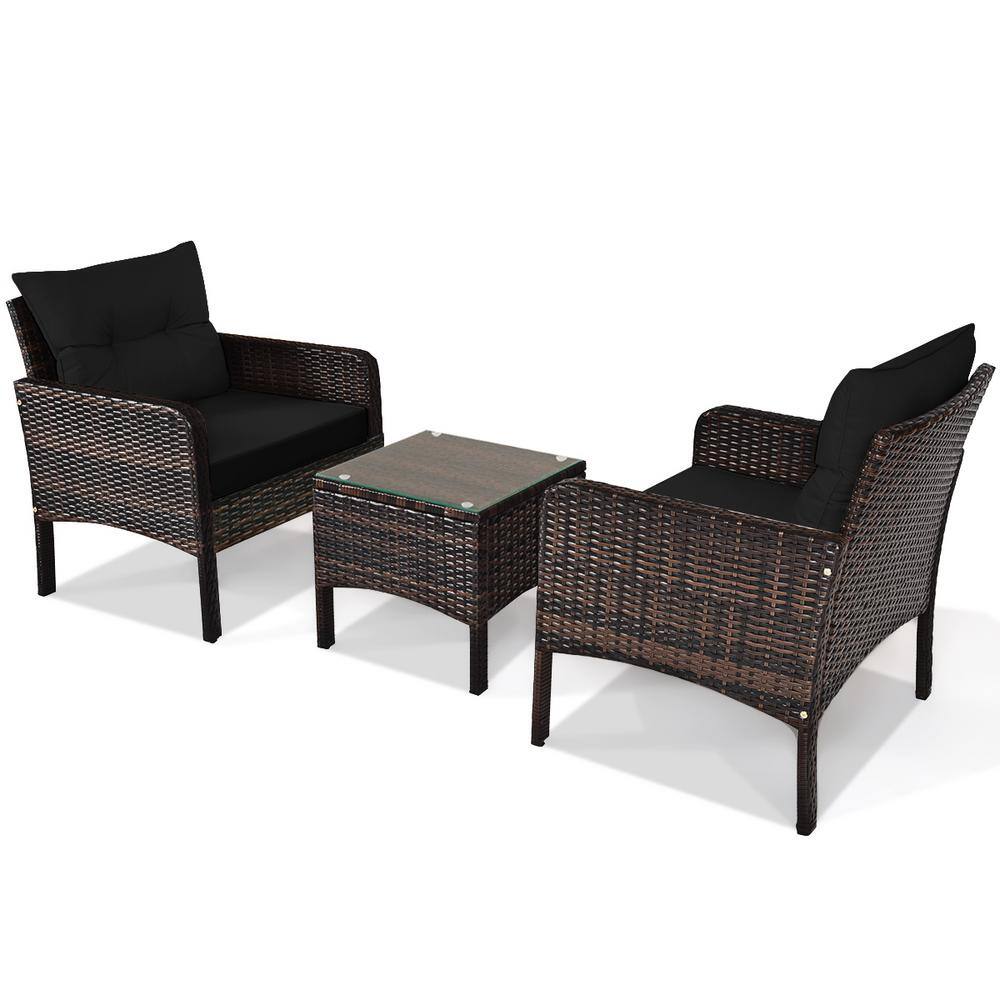Black 3-Piece Rattan Outdoor Patio Conversation Set