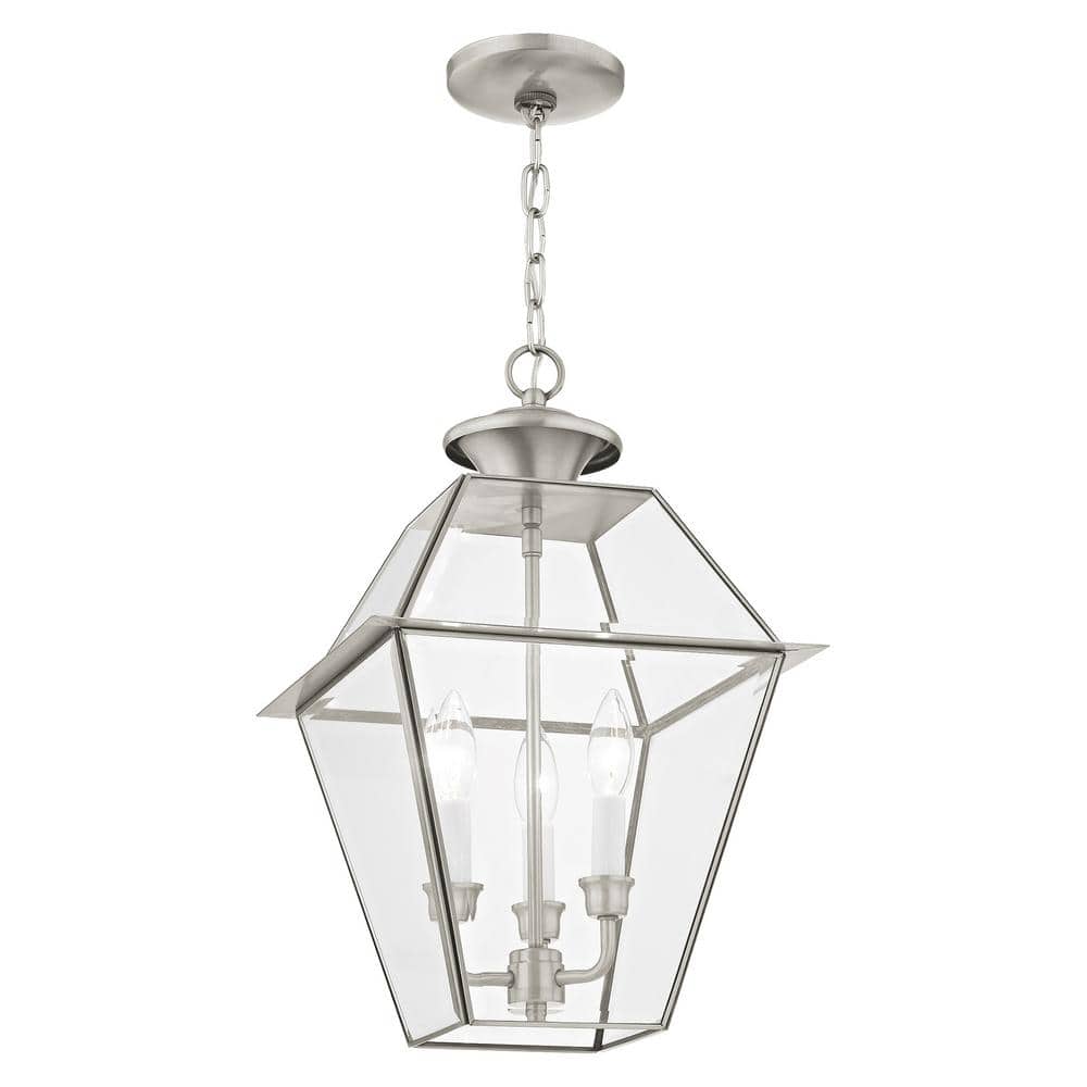 Brushed Nickel 3-Light Outdoor Pendant Lantern with Clear Beveled Glass