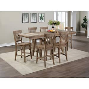 Riverdale Driftwood Brown Wood Rectangle Counter Height Dining Table Set 7-Pieces with 6-Side Chairs and 2 12 in. Leaves