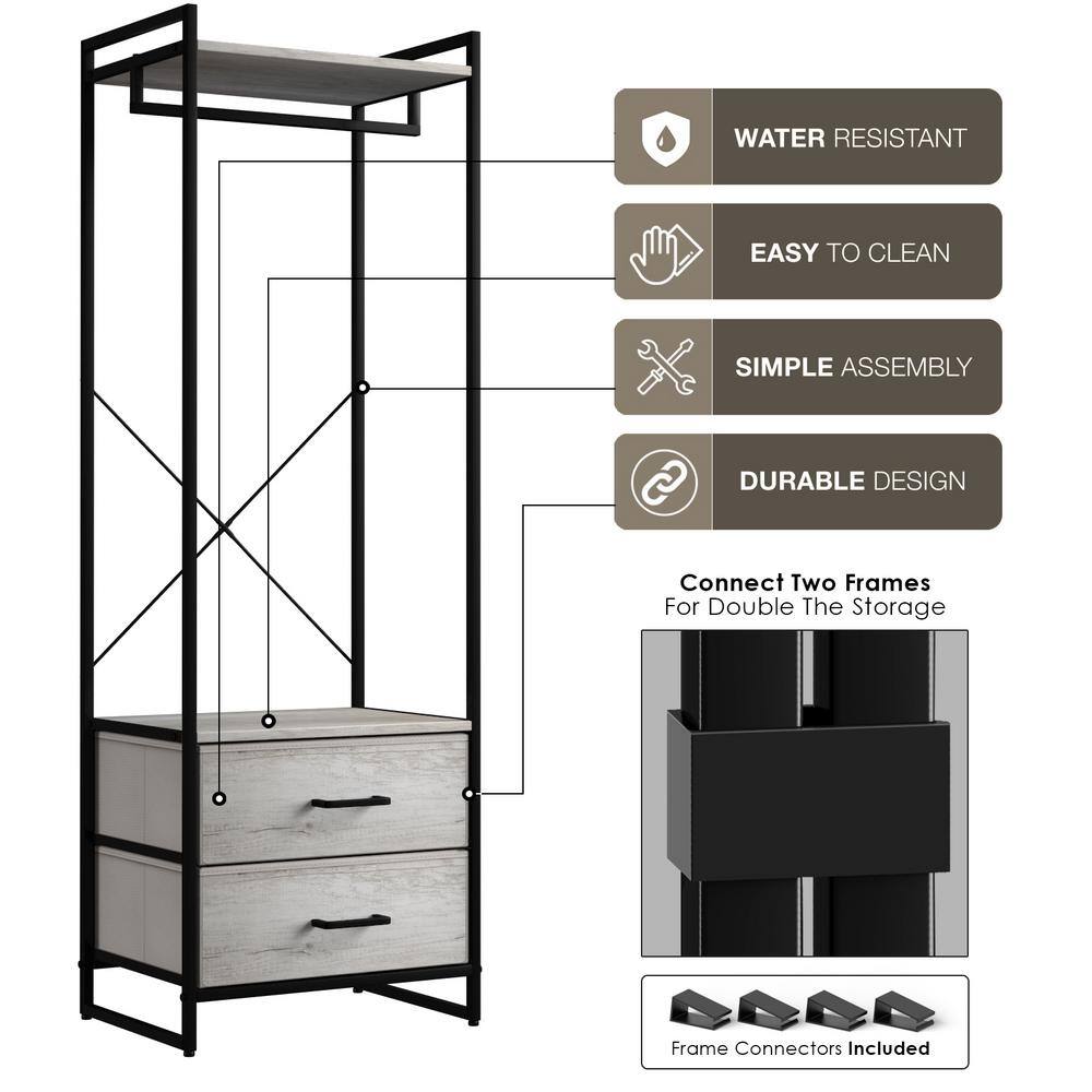 Portable Black Steel Clothing Rack with Wood Drawers