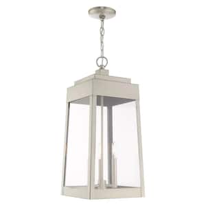 Vaughn 24.5 in. 3-Light Brushed Nickel Dimmble Outdoor Pendant Light with Clear Glass and No Bulbs Included