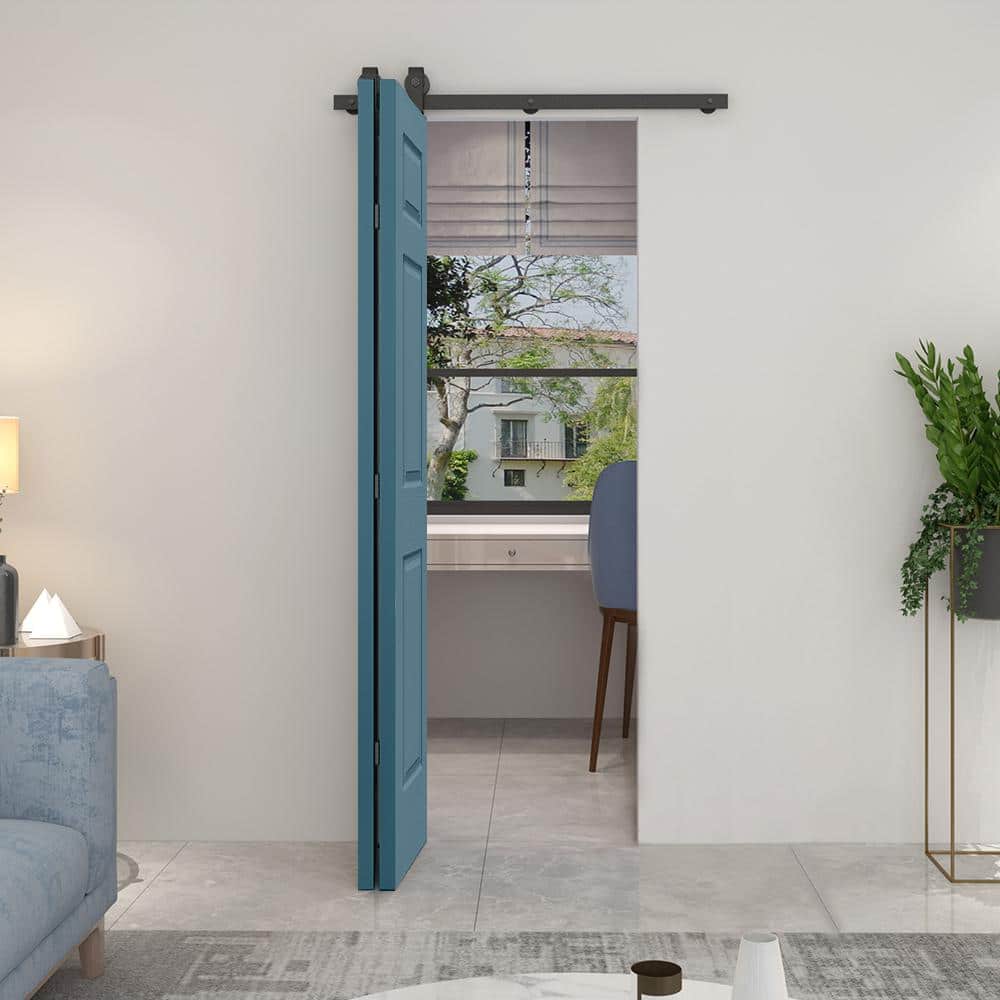Dignity Blue MDF Bi-Fold Barn Door with Black Hardware, 30" x 80"