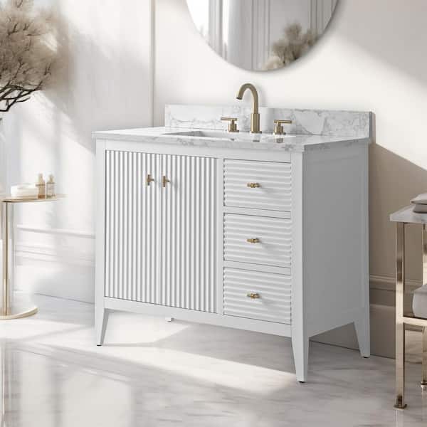 36 in. W x 22 in D x 38 in. H Single Sink Bathroom Vanity Cabinet in Linear White with Engineered Marble Top