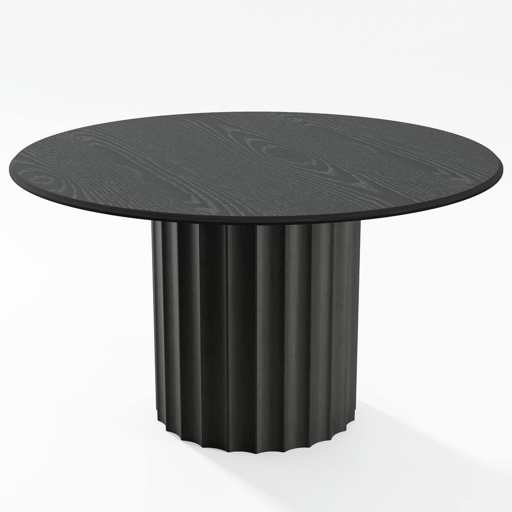52 in. Black Oak Wood Column Pedestal Round Kitchen Table Dining Table Seats 4