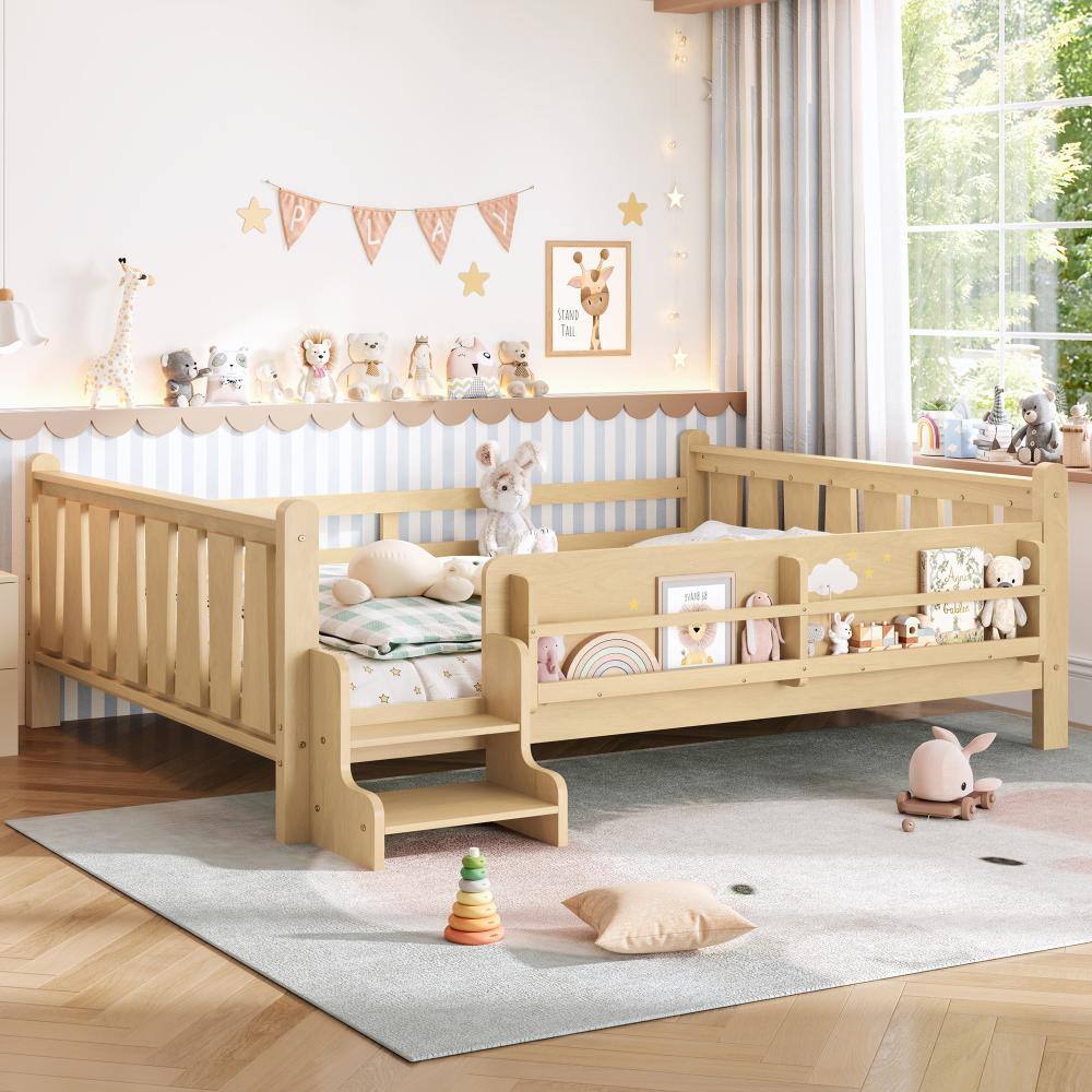 Light Natural Wood Frame Queen Size Platform Bed with Storage Bookcases,Cute Stairs and Guardrails