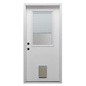 30 in. x 80 in. Internal Blinds Right-Hand 1/2-Lite Clear Primed Fiberglass Smooth Prehung Front Door with Pet Door