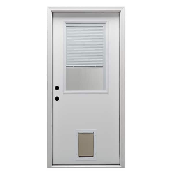 MMI Door 30 in. x 80 in. Internal Blinds Right-Hand 1/2-Lite Clear Primed Fiberglass Smooth Prehung Front Door with Pet Door