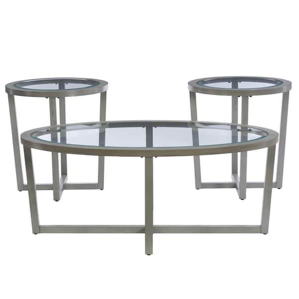 Linon Home Decor Bowie 46.5 in. Sandstone Gray Oval Glass Coffee Table with 2 End Tables
